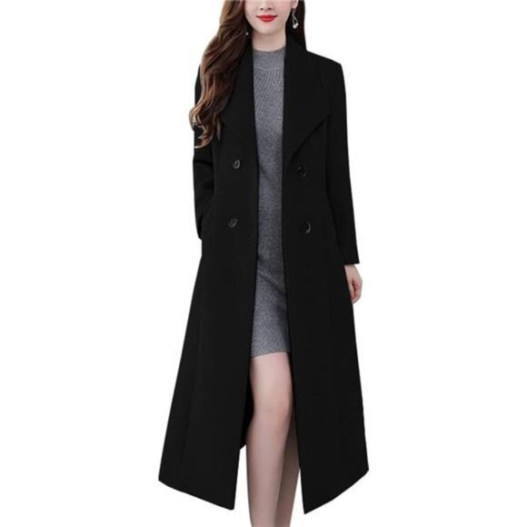 Womens Shawl Collar Long Wool Coats Black - Picture 1 of 6